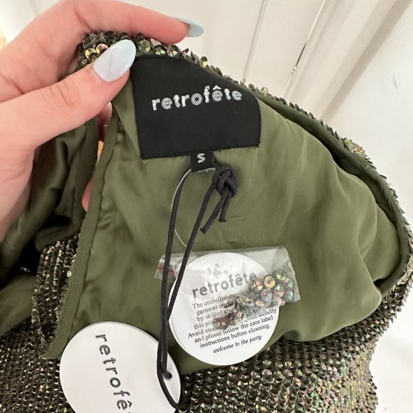 Retrofete Grace Mini Dress Small Army Green Sequins Self-tie Belt Back Keyhole - Picture 9 of 12